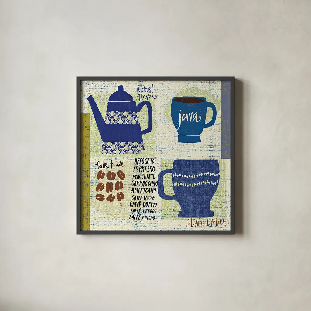 Modern Cafe III by Cheryl Warrick. Shown in a sleek black glass frame for a contemporary gallery look. Available as an archival giclee rolled canvas, fine art paper, or poster print. SKU 37840a.