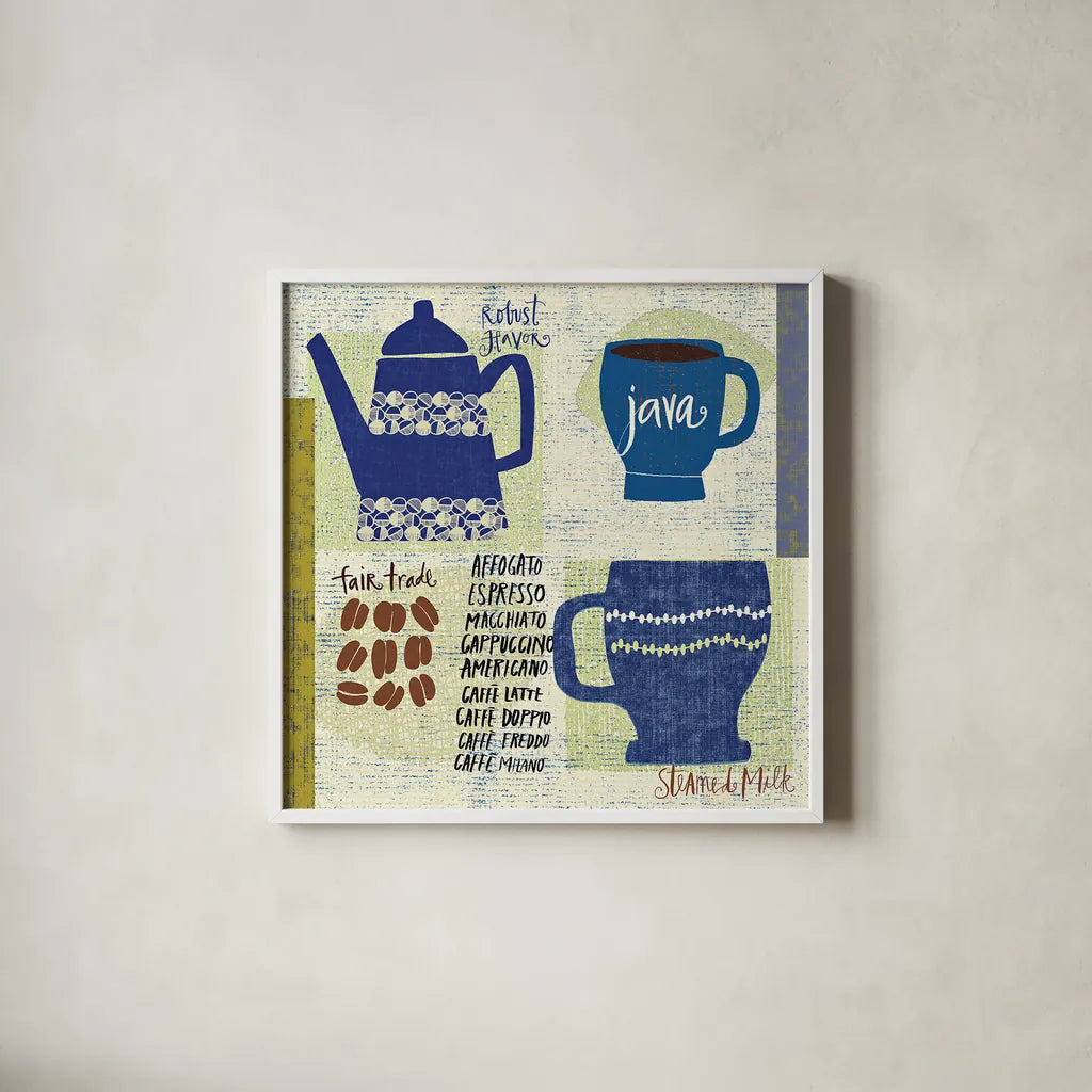 Modern Cafe III by Cheryl Warrick. Shown in a crisp white glass frame for a clean and minimalist style. Available as an archival giclee rolled canvas, fine art paper, or poster print. SKU 37840a.