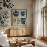 Modern Cafe III by Cheryl Warrick. Shown in a natural wood frame in a cozy modern living room. Available as an archival giclee rolled canvas, fine art paper, or poster print. SKU 37840a.