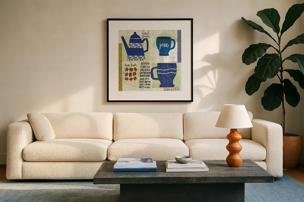 Modern Cafe III by Cheryl Warrick. Displayed in a glass frame with matte in a clean modern living room. Available as an archival giclee rolled canvas, fine art paper, or poster print. SKU 37840a.