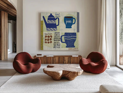 Modern Cafe III by Cheryl Warrick. Shown as extra-large giant wall art in a modern living room. Available as an archival giclee rolled canvas, fine art paper, or poster print. SKU 37840a.