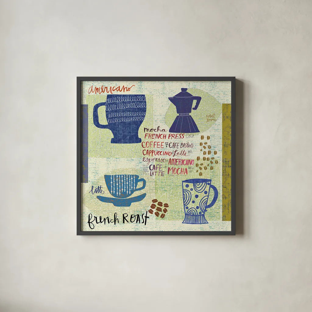 Modern Cafe IV by Cheryl Warrick. Shown in a sleek black glass frame for a contemporary gallery look. Available as an archival giclee rolled canvas, fine art paper, or poster print. SKU 37841a.