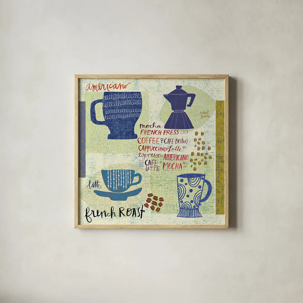 Modern Cafe IV by Cheryl Warrick. Shown in a natural wood glass frame for a timeless modern aesthetic. Available as an archival giclee rolled canvas, fine art paper, or poster print. SKU 37841a.