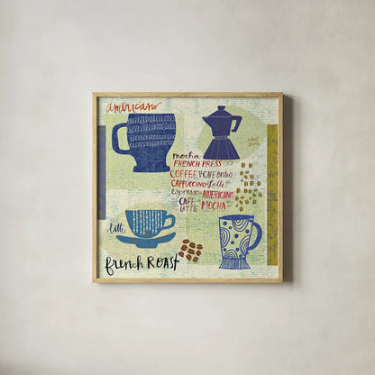 Modern Cafe IV by Cheryl Warrick. Shown in a natural wood glass frame for a timeless modern aesthetic. Available as an archival giclee rolled canvas, fine art paper, or poster print. SKU 37841a.