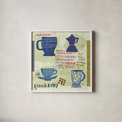 Modern Cafe IV by Cheryl Warrick. Shown in a crisp white glass frame for a clean and minimalist style. Available as an archival giclee rolled canvas, fine art paper, or poster print. SKU 37841a.