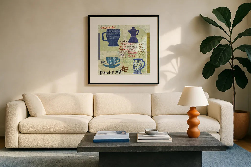 Modern Cafe IV by Cheryl Warrick. Displayed in a glass frame with matte in a clean modern living room. Available as an archival giclee rolled canvas, fine art paper, or poster print. SKU 37841a.