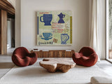Modern Cafe IV by Cheryl Warrick. Shown as extra-large giant wall art in a modern living room. Available as an archival giclee rolled canvas, fine art paper, or poster print. SKU 37841a.