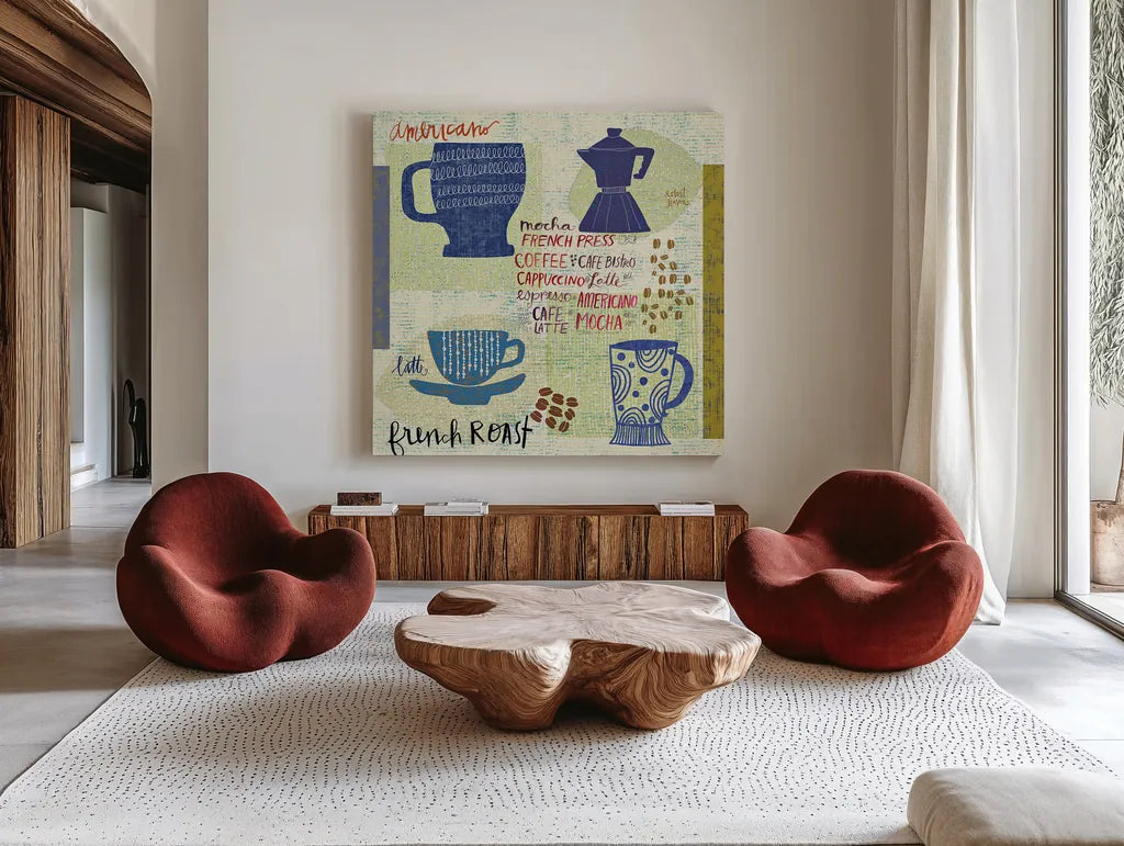 Modern Cafe IV by Cheryl Warrick. Shown as extra-large giant wall art in a modern living room. Available as an archival giclee rolled canvas, fine art paper, or poster print. SKU 37841a.