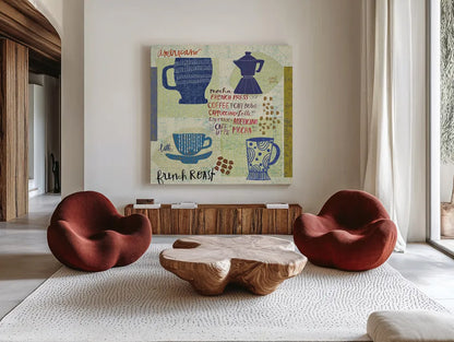 Modern Cafe IV by Cheryl Warrick. Shown as extra-large giant wall art in a modern living room. Available as an archival giclee rolled canvas, fine art paper, or poster print. SKU 37841a.