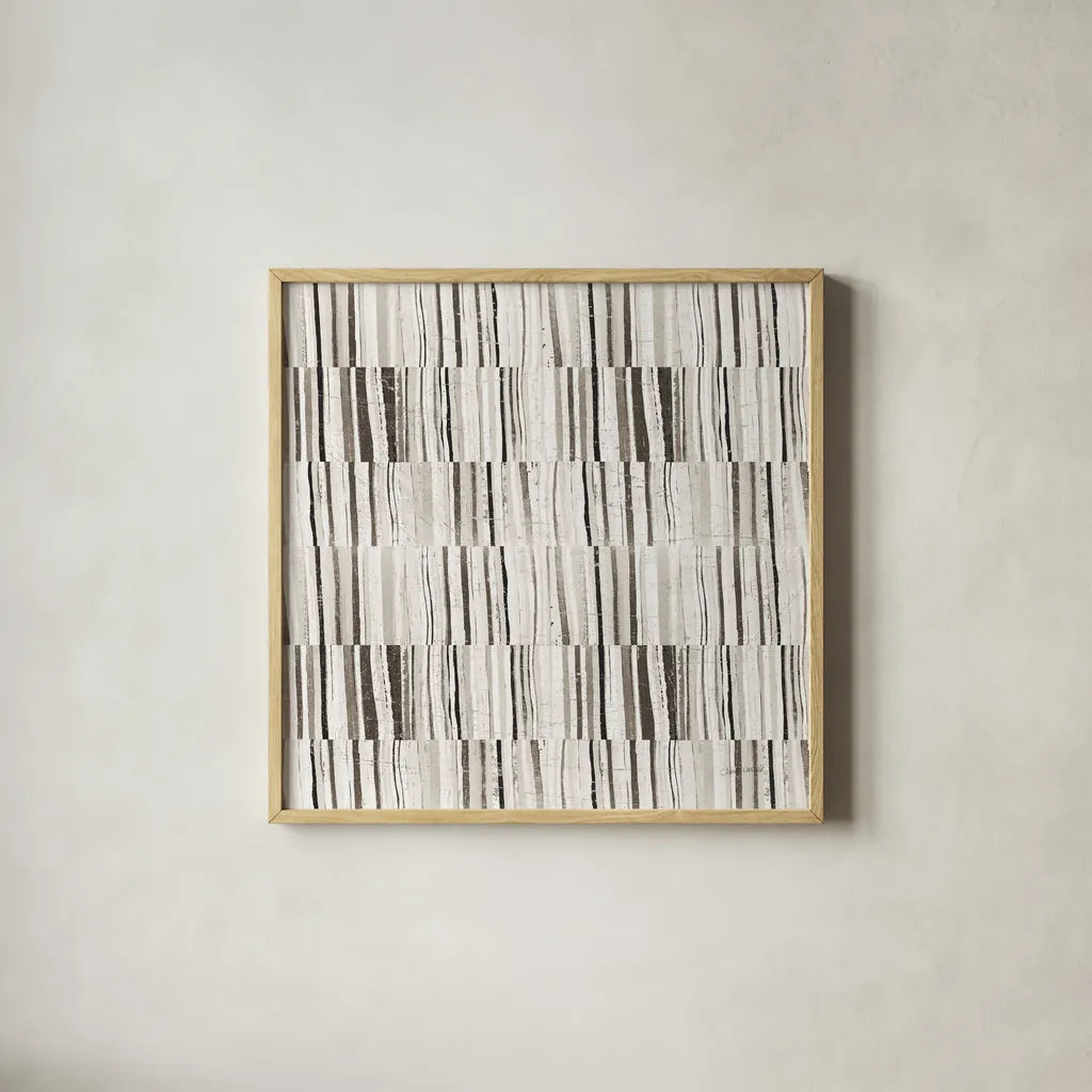 Neutral Stripes II by Cheryl Warrick. Shown in a natural wood glass frame for a timeless modern aesthetic. Available as an archival giclee rolled canvas, fine art paper, or poster print. SKU 63176a.