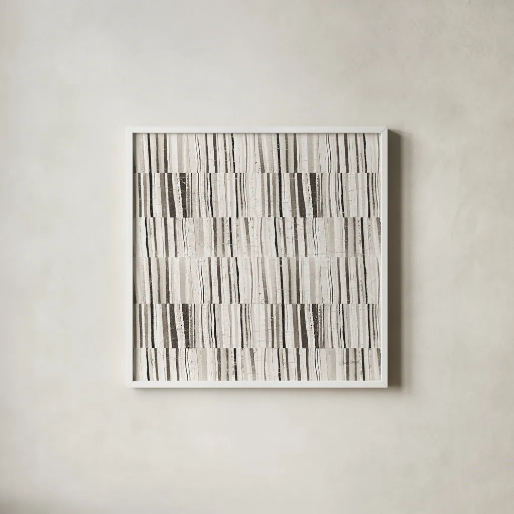 Neutral Stripes II by Cheryl Warrick. Shown in a crisp white glass frame for a clean and minimalist style. Available as an archival giclee rolled canvas, fine art paper, or poster print. SKU 63176a.