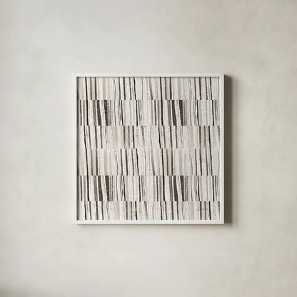 Neutral Stripes II by Cheryl Warrick. Shown in a crisp white glass frame for a clean and minimalist style. Available as an archival giclee rolled canvas, fine art paper, or poster print. SKU 63176a.