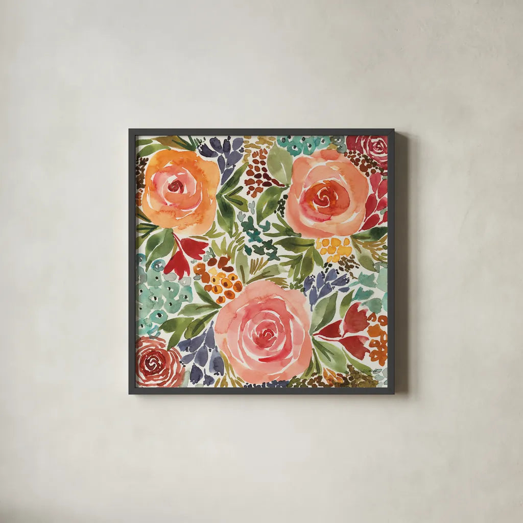 Ode to Spring I by Cheryl Warrick. Shown in a sleek black glass frame for a contemporary gallery look. Available as an archival giclee rolled canvas, fine art paper, or poster print. SKU 78384a.