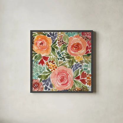 Ode to Spring I by Cheryl Warrick. Shown in a sleek black glass frame for a contemporary gallery look. Available as an archival giclee rolled canvas, fine art paper, or poster print. SKU 78384a.