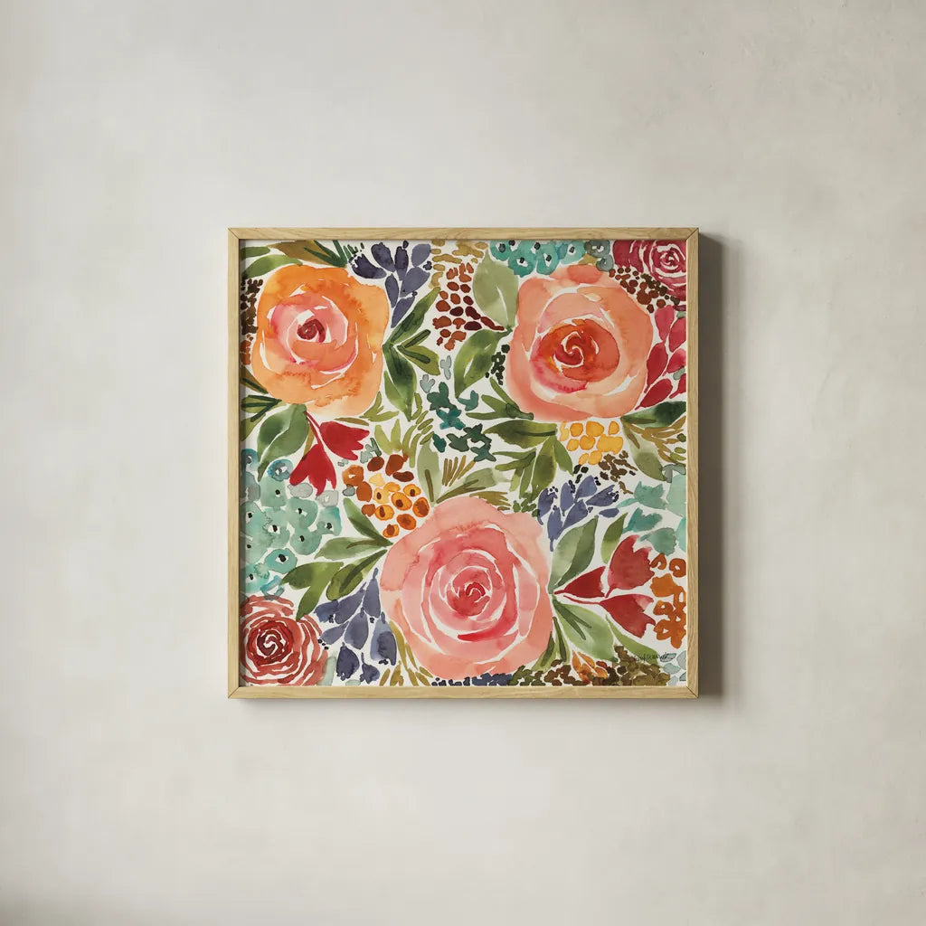 Ode to Spring I by Cheryl Warrick. Shown in a natural wood glass frame for a timeless modern aesthetic. Available as an archival giclee rolled canvas, fine art paper, or poster print. SKU 78384a.