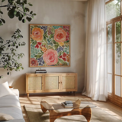 Ode to Spring I by Cheryl Warrick. Shown in a natural wood frame in a cozy modern living room. Available as an archival giclee rolled canvas, fine art paper, or poster print. SKU 78384a.