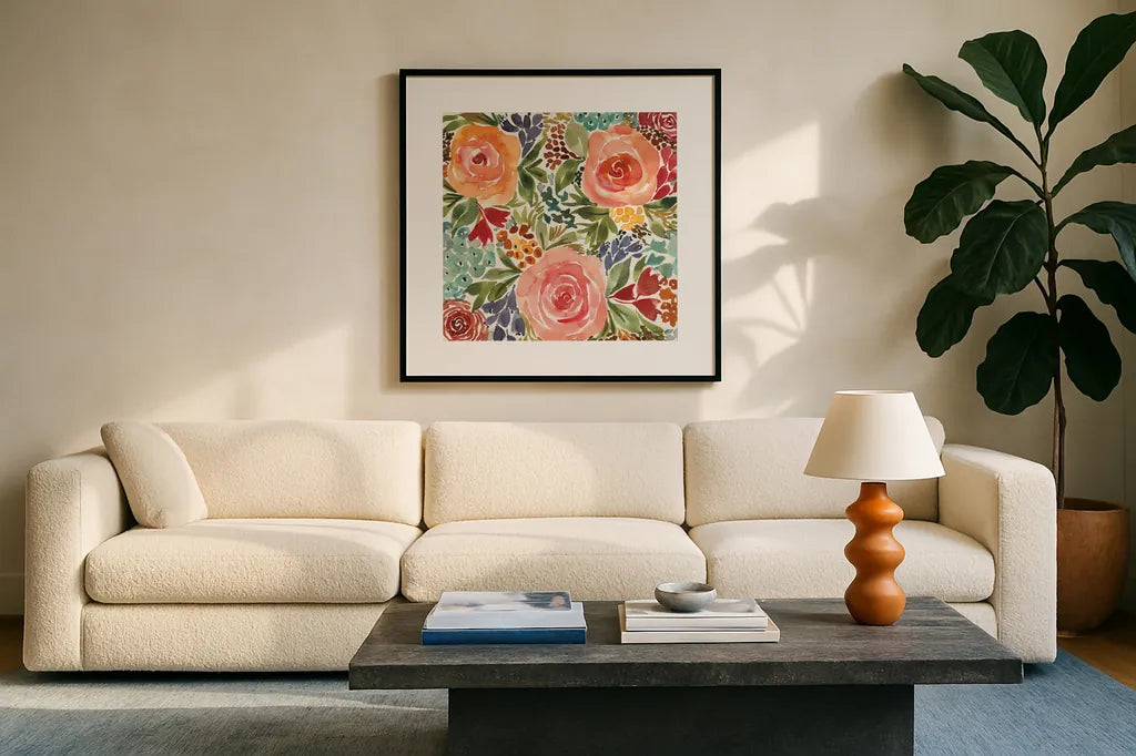 Ode to Spring I by Cheryl Warrick. Displayed in a glass frame with matte in a clean modern living room. Available as an archival giclee rolled canvas, fine art paper, or poster print. SKU 78384a.