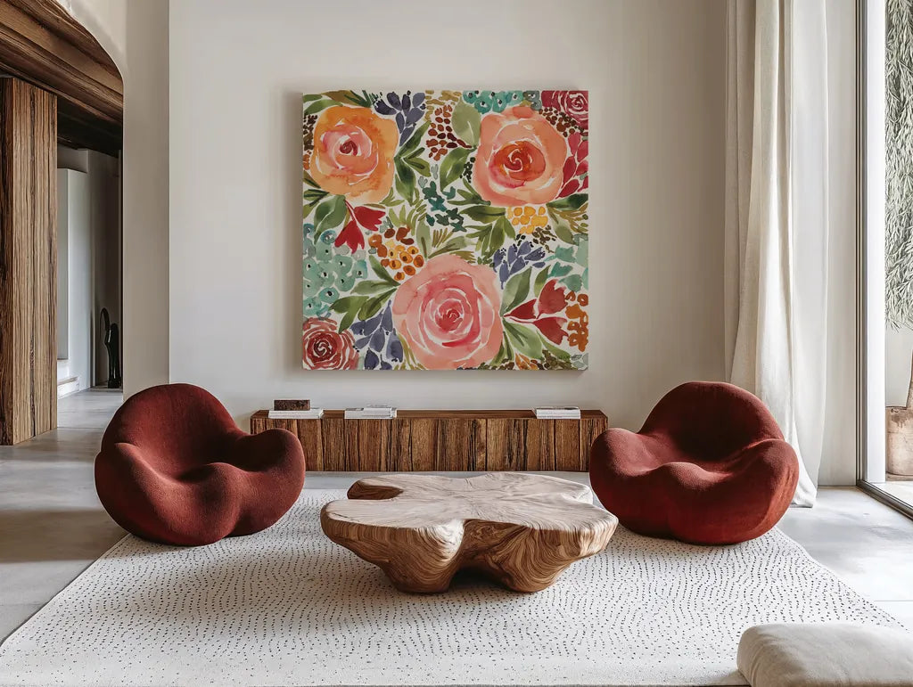 Ode to Spring I by Cheryl Warrick. Shown as extra-large giant wall art in a modern living room. Available as an archival giclee rolled canvas, fine art paper, or poster print. SKU 78384a.