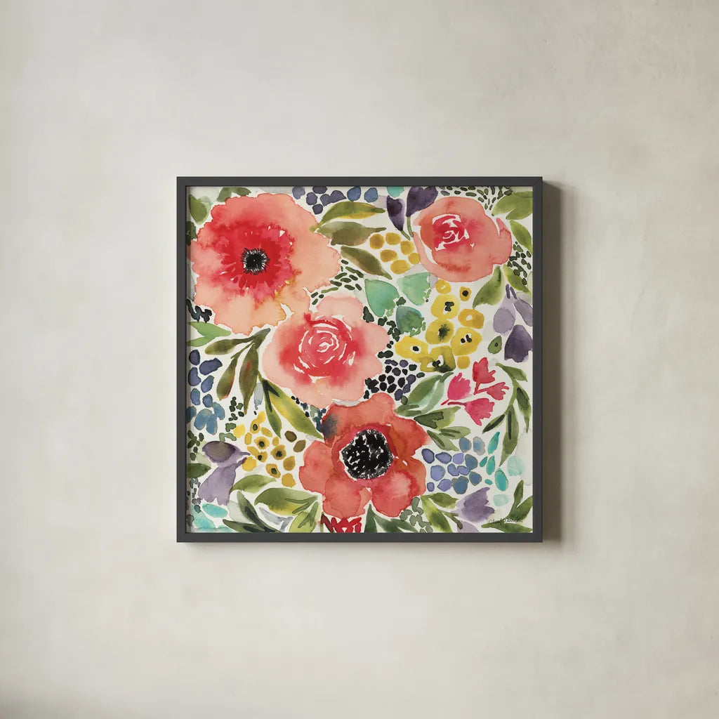 Ode to Spring II by Cheryl Warrick. Shown in a sleek black glass frame for a contemporary gallery look. Available as an archival giclee rolled canvas, fine art paper, or poster print. SKU 78385a.
