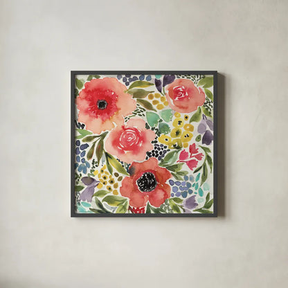 Ode to Spring II by Cheryl Warrick. Shown in a sleek black glass frame for a contemporary gallery look. Available as an archival giclee rolled canvas, fine art paper, or poster print. SKU 78385a.
