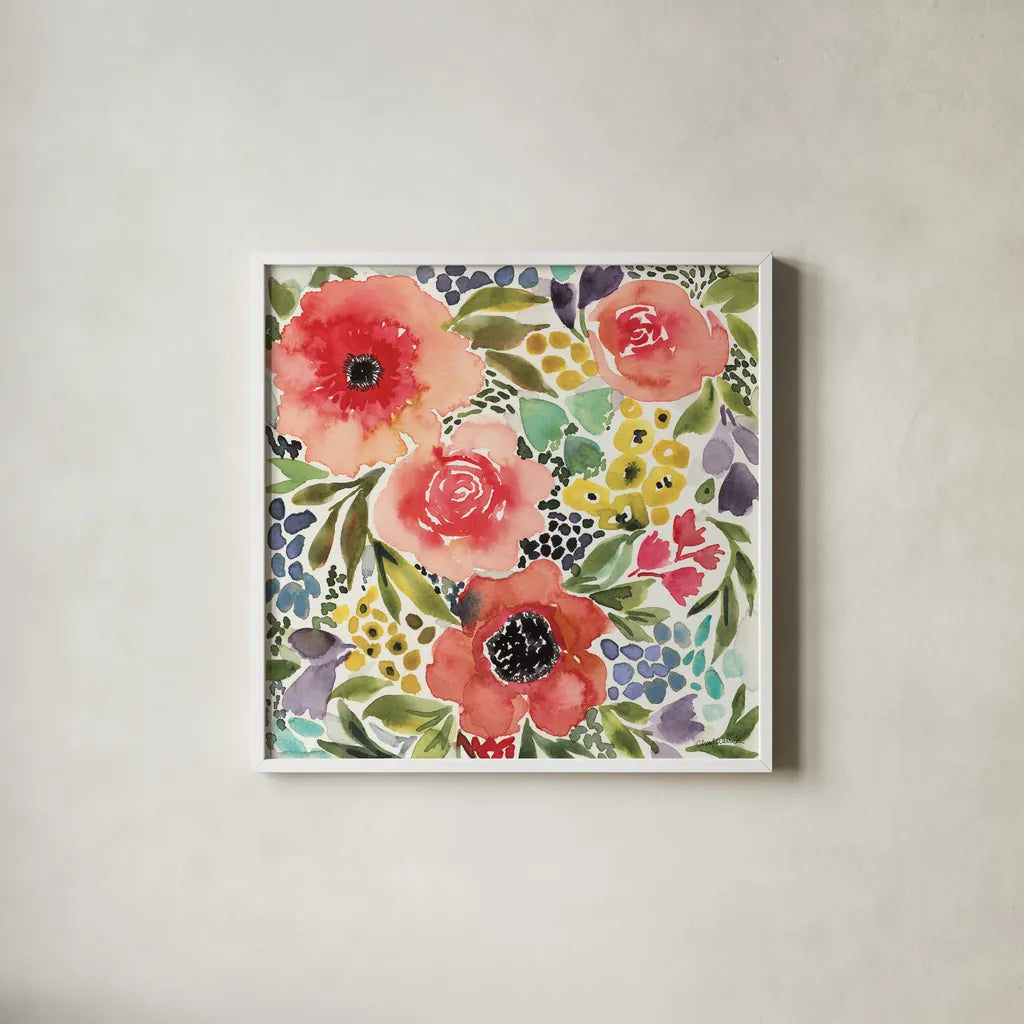 Ode to Spring II by Cheryl Warrick. Shown in a crisp white glass frame for a clean and minimalist style. Available as an archival giclee rolled canvas, fine art paper, or poster print. SKU 78385a.