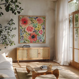 Ode to Spring II by Cheryl Warrick. Shown in a natural wood frame in a cozy modern living room. Available as an archival giclee rolled canvas, fine art paper, or poster print. SKU 78385a.