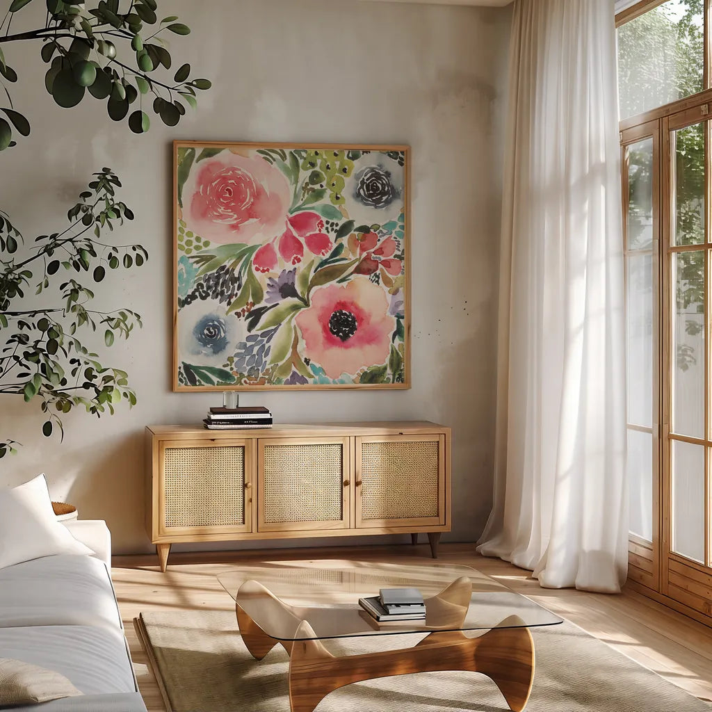 Ode to Spring III by Cheryl Warrick. Shown in a natural wood frame in a cozy modern living room. Available as an archival giclee rolled canvas, fine art paper, or poster print. SKU 78386a.