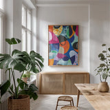 Overflow I by Cheryl Warrick. shown as a print in a natural wood frame in a dining room. Available as a archival giclee rolled canvas, fine art paper, or poster print. SKU 79897h.