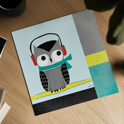 Owls I Blue Gray and Yellow by Cheryl Warrick. Shown as a detailed flat fine art print, highlighting archival giclee quality. Available as an archival giclee rolled canvas, fine art paper, or poster print. SKU 26732a.