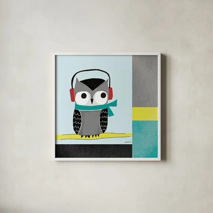 Owls I Blue Gray and Yellow by Cheryl Warrick. Shown in a crisp white glass frame for a clean and minimalist style. Available as an archival giclee rolled canvas, fine art paper, or poster print. SKU 26732a.