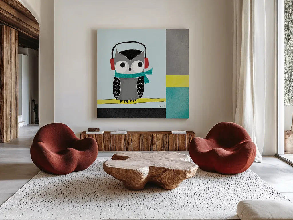 Owls I Blue Gray and Yellow by Cheryl Warrick. Shown as extra-large giant wall art in a modern living room. Available as an archival giclee rolled canvas, fine art paper, or poster print. SKU 26732a.