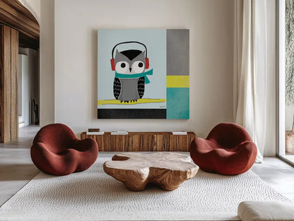 Owls I Blue Gray and Yellow by Cheryl Warrick. Shown as extra-large giant wall art in a modern living room. Available as an archival giclee rolled canvas, fine art paper, or poster print. SKU 26732a.