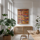 Painted Desert I by Cheryl Warrick. shown as a print in a natural wood frame in a dining room. Available as a archival giclee rolled canvas, fine art paper, or poster print. SKU 79895h.