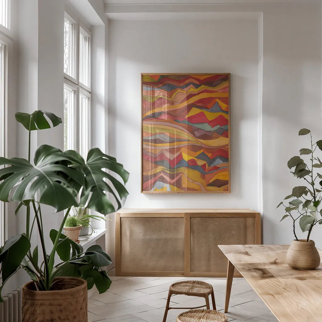 Painted Desert I by Cheryl Warrick. shown as a print in a natural wood frame in a dining room. Available as a archival giclee rolled canvas, fine art paper, or poster print. SKU 79895h.