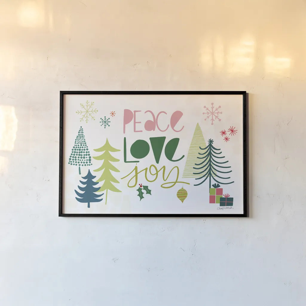 Peace Love Joy I by Cheryl Warrick. shown as a paper print in a black flame. Available as a archival giclee rolled canvas, fine art paper, or poster print. SKU 79259i.