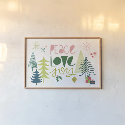 Peace Love Joy I by Cheryl Warrick. shown as a paper print in a natural frame. Available as a archival giclee rolled canvas, fine art paper, or poster print. SKU 79259i.