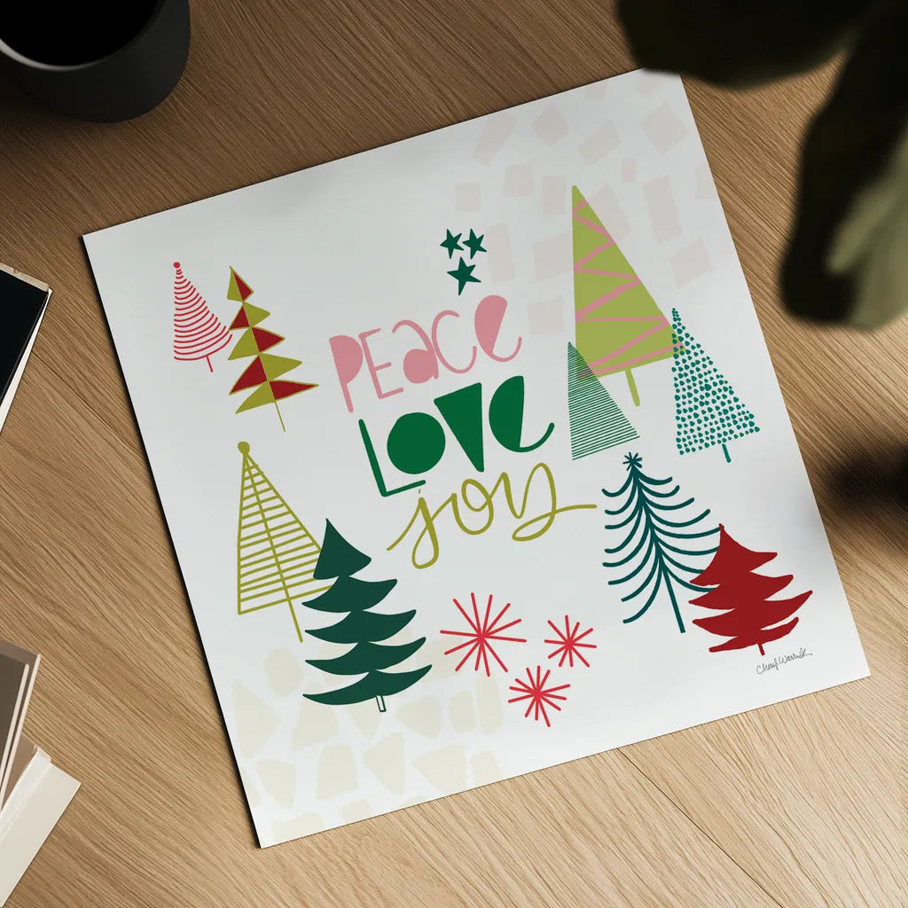 Peace Love Joy II by Cheryl Warrick. Shown as a detailed flat fine art print, highlighting archival giclee quality. Available as an archival giclee rolled canvas, fine art paper, or poster print. SKU 79260a.