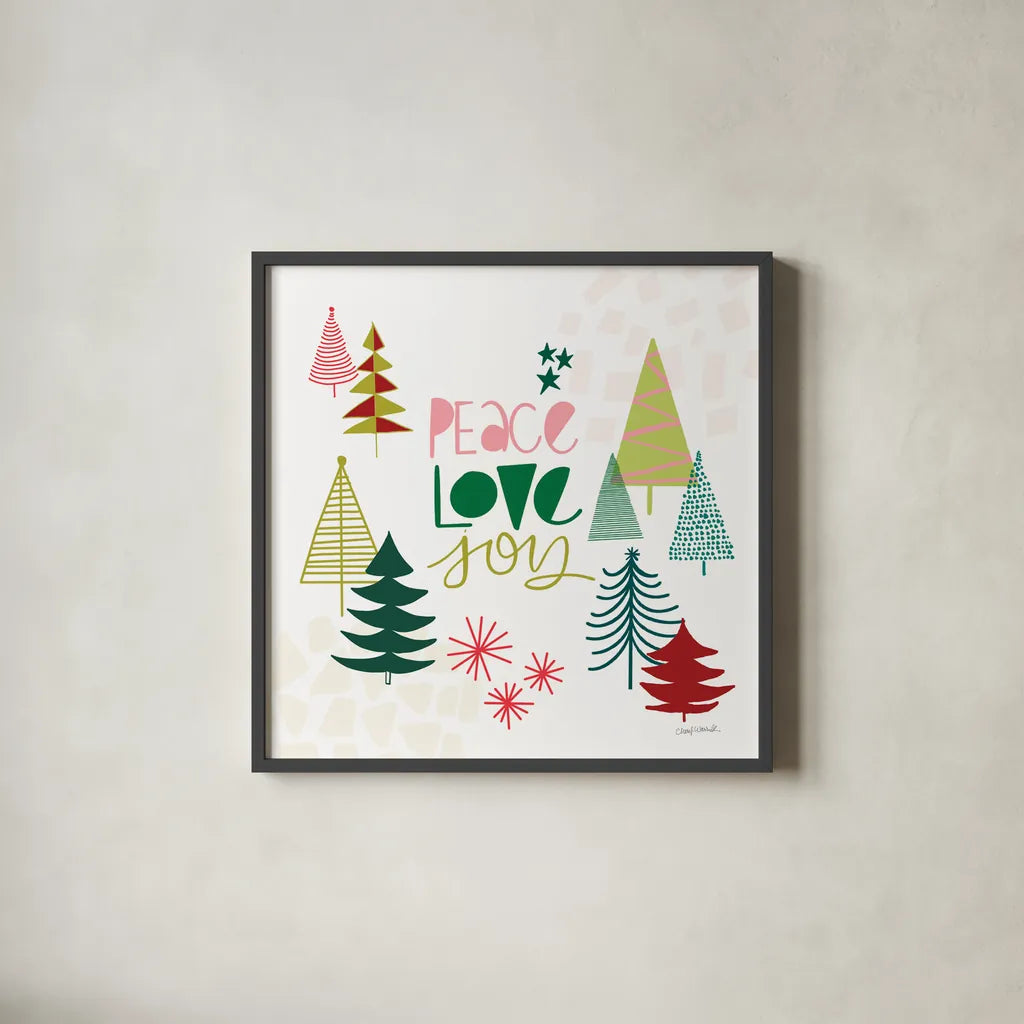 Peace Love Joy II by Cheryl Warrick. Shown in a sleek black glass frame for a contemporary gallery look. Available as an archival giclee rolled canvas, fine art paper, or poster print. SKU 79260a.