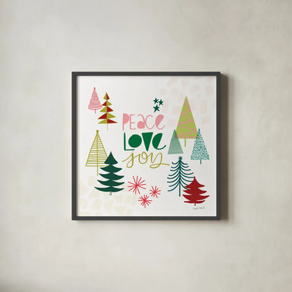 Peace Love Joy II by Cheryl Warrick. Shown in a sleek black glass frame for a contemporary gallery look. Available as an archival giclee rolled canvas, fine art paper, or poster print. SKU 79260a.