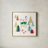 Peace Love Joy II by Cheryl Warrick. Shown in a natural wood glass frame for a timeless modern aesthetic. Available as an archival giclee rolled canvas, fine art paper, or poster print. SKU 79260a.
