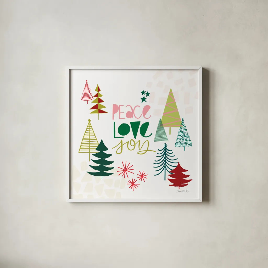 Peace Love Joy II by Cheryl Warrick. Shown in a crisp white glass frame for a clean and minimalist style. Available as an archival giclee rolled canvas, fine art paper, or poster print. SKU 79260a.