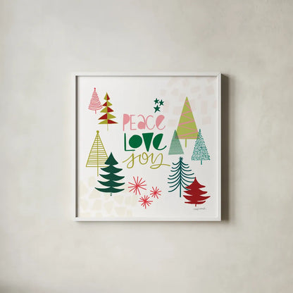 Peace Love Joy II by Cheryl Warrick. Shown in a crisp white glass frame for a clean and minimalist style. Available as an archival giclee rolled canvas, fine art paper, or poster print. SKU 79260a.