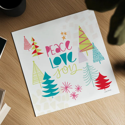 Peace Love Joy II Bright by Cheryl Warrick. Shown as a detailed flat fine art print, highlighting archival giclee quality. Available as an archival giclee rolled canvas, fine art paper, or poster print. SKU 79957a.