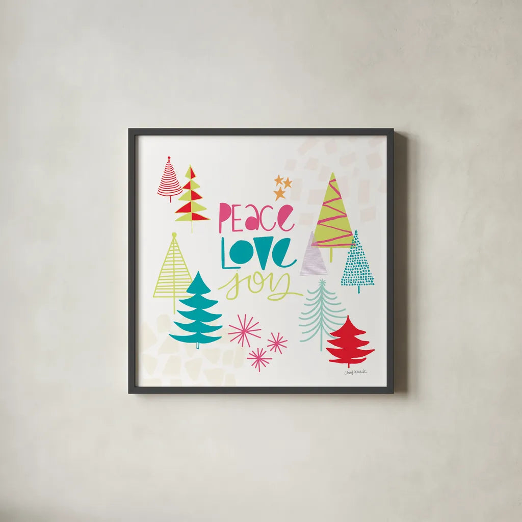 Peace Love Joy II Bright by Cheryl Warrick. Shown in a sleek black glass frame for a contemporary gallery look. Available as an archival giclee rolled canvas, fine art paper, or poster print. SKU 79957a.