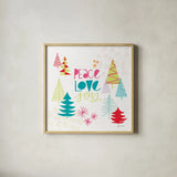 Peace Love Joy II Bright by Cheryl Warrick. Shown in a natural wood glass frame for a timeless modern aesthetic. Available as an archival giclee rolled canvas, fine art paper, or poster print. SKU 79957a.