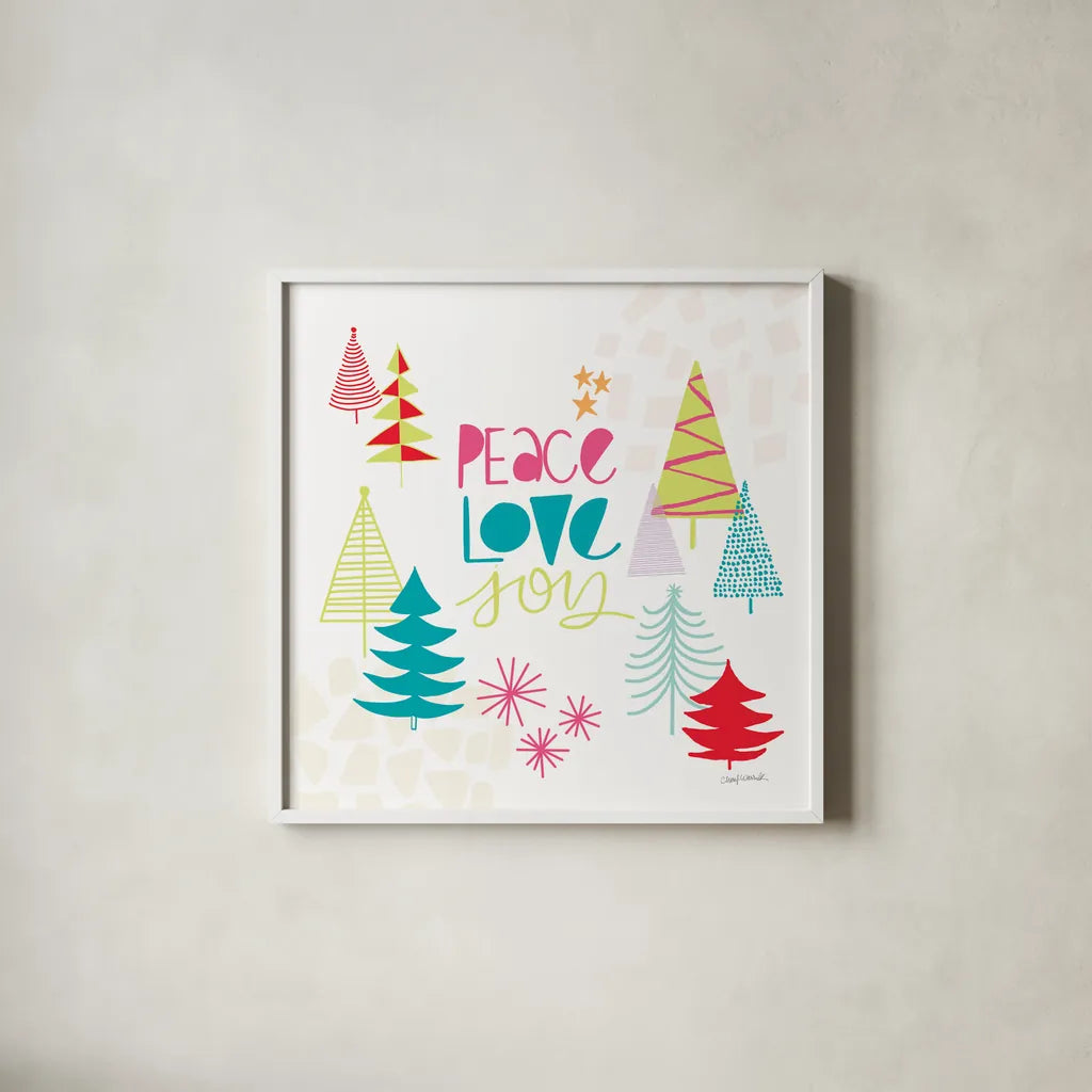 Peace Love Joy II Bright by Cheryl Warrick. Shown in a crisp white glass frame for a clean and minimalist style. Available as an archival giclee rolled canvas, fine art paper, or poster print. SKU 79957a.