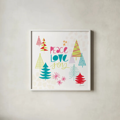 Peace Love Joy II Bright by Cheryl Warrick. Shown in a crisp white glass frame for a clean and minimalist style. Available as an archival giclee rolled canvas, fine art paper, or poster print. SKU 79957a.