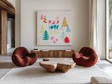 Peace Love Joy II Bright by Cheryl Warrick. Shown as extra-large giant wall art in a modern living room. Available as an archival giclee rolled canvas, fine art paper, or poster print. SKU 79957a.