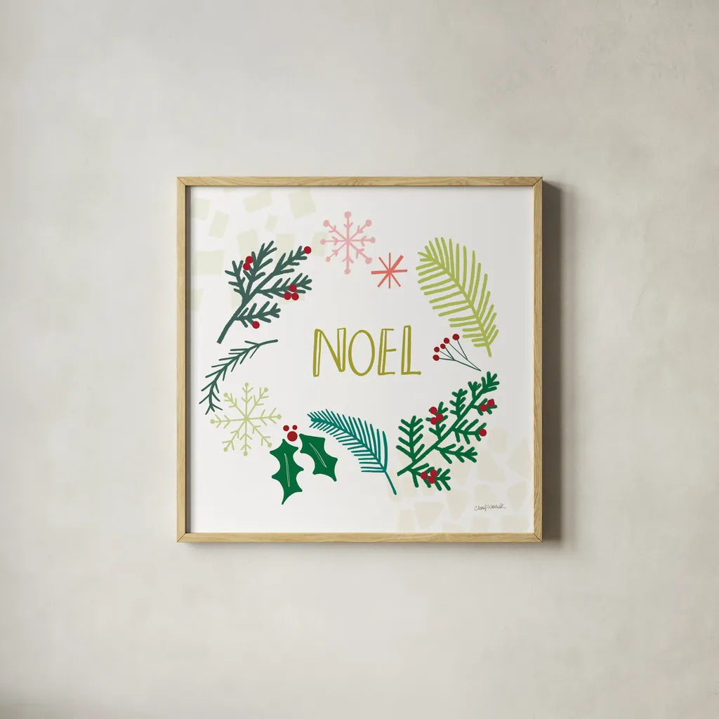 Peace Love Joy III by Cheryl Warrick. Shown in a natural wood glass frame for a timeless modern aesthetic. Available as an archival giclee rolled canvas, fine art paper, or poster print. SKU 79261a.