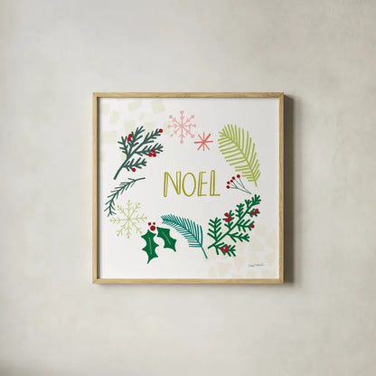 Peace Love Joy III by Cheryl Warrick. Shown in a natural wood glass frame for a timeless modern aesthetic. Available as an archival giclee rolled canvas, fine art paper, or poster print. SKU 79261a.